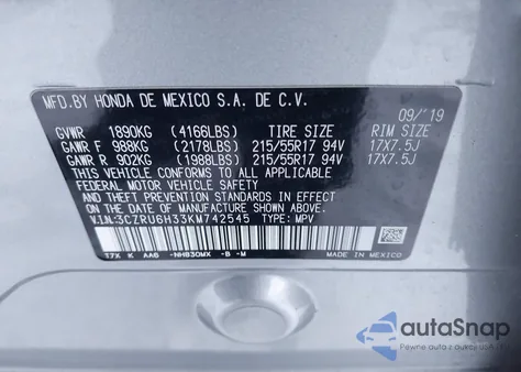 2019 Honda Hr-V Lx z USA, uszkodzony, nr VIN 3CZRU6H33KM742545